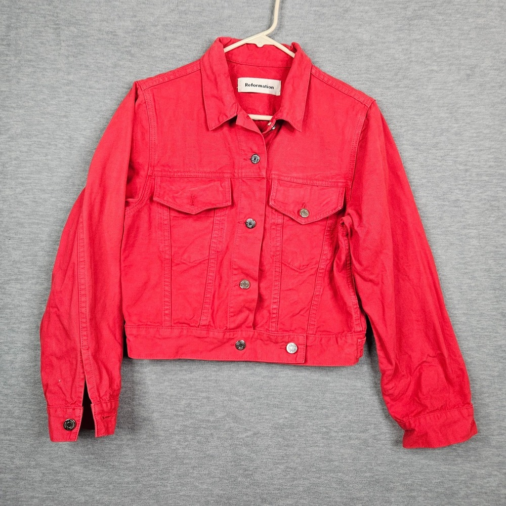 Reformation Women's Cherry Red Button-up Cropped Denim Ford Jacket Size M Flwas